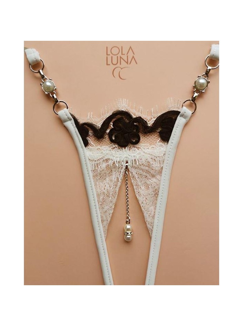 sexy perizoma gioiello aperto all'inguine in pizzo bianco con ricami neri modello Belize