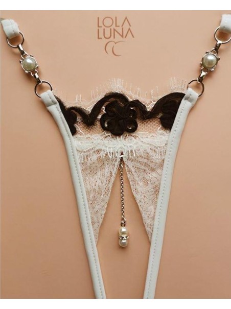 sexy perizoma gioiello aperto all'inguine in pizzo bianco con ricami neri modello Belize