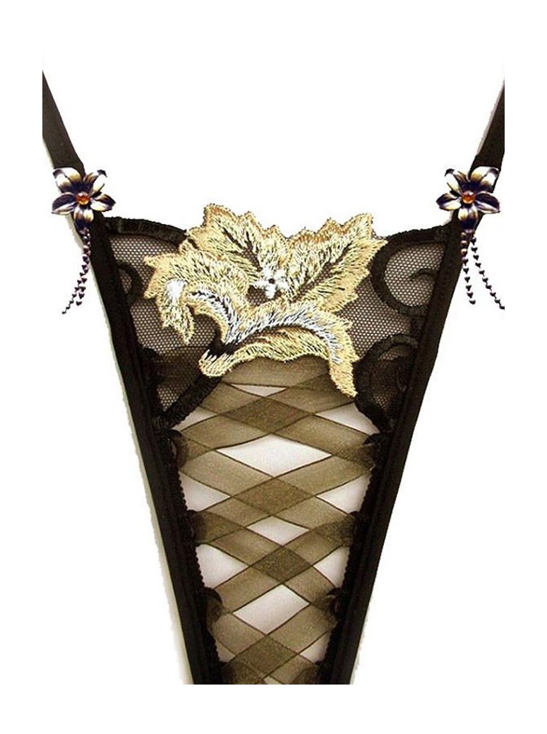 sexy perizoma gioiello in tulle nero con eleganti ricami dorati modello Bombay