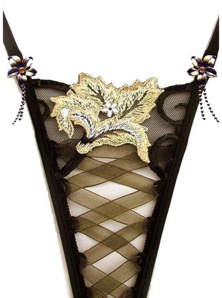 sexy perizoma gioiello in tulle nero con eleganti ricami dorati modello Bombay