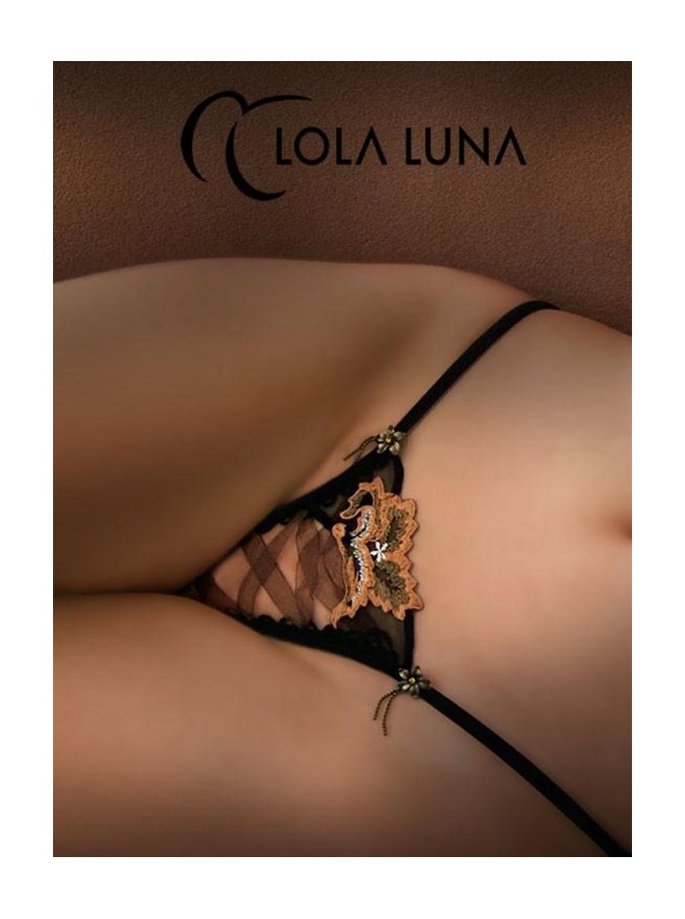 sexy perizoma gioiello in tulle nero con eleganti ricami dorati modello Bombay