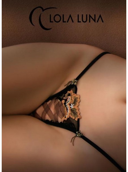 sexy perizoma gioiello in tulle nero con eleganti ricami dorati modello Bombay