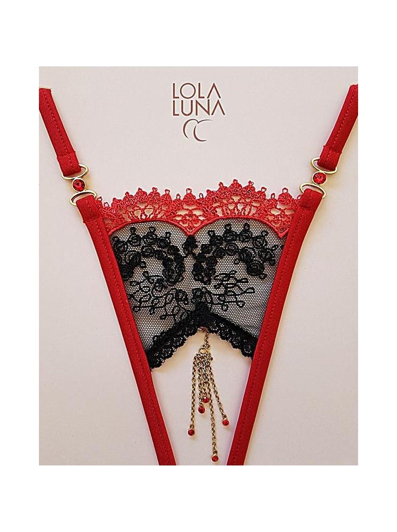 sexy perizoma gioiello in pizzo e tulle nero e rosso aperto all'inguine modello Chloe