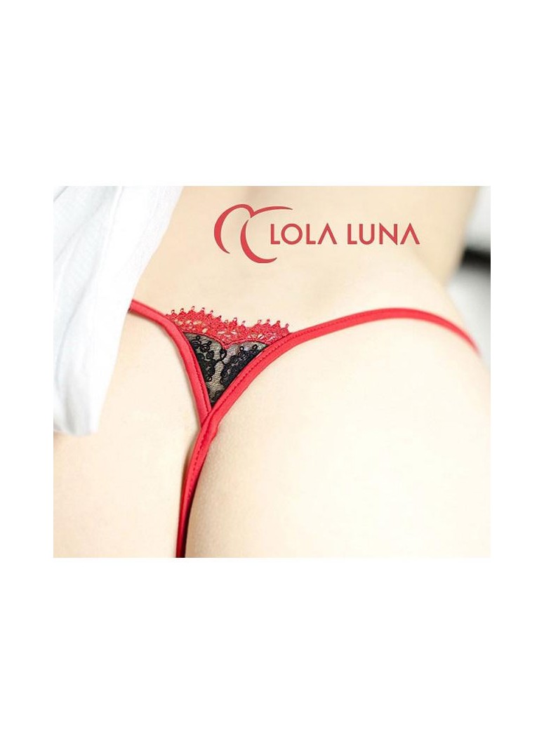 sexy perizoma gioiello in pizzo e tulle nero e rosso aperto all'inguine modello Chloe