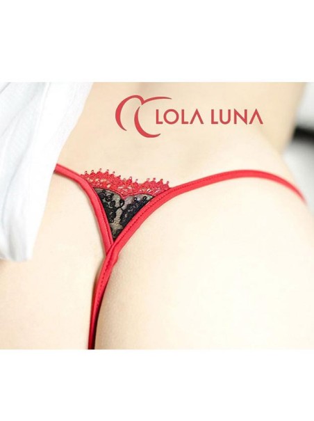 sexy perizoma gioiello in pizzo e tulle nero e rosso aperto all'inguine modello Chloe