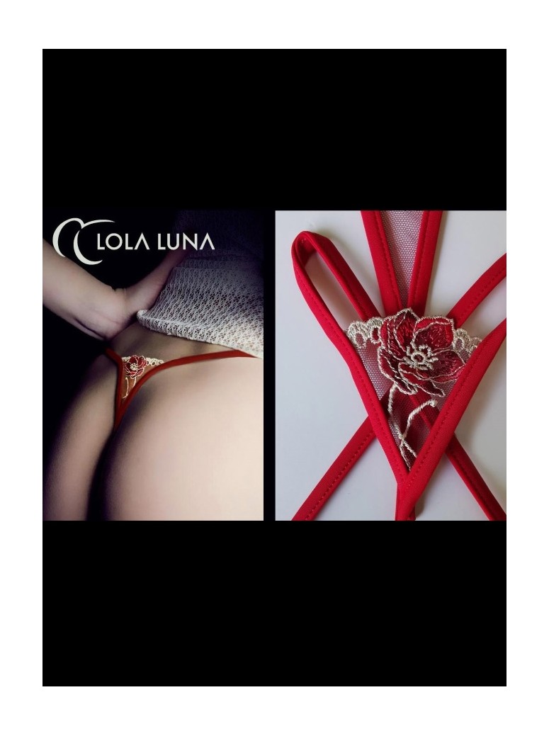 sexy perizoma gioiello rosso aperto all'inguine dal motivo floreale modello Romy