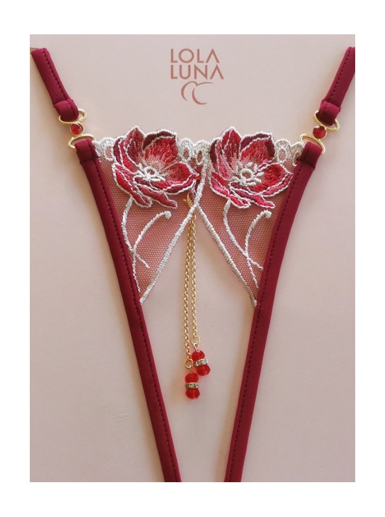 sexy perizoma gioiello rosso aperto all'inguine dal motivo floreale modello Romy