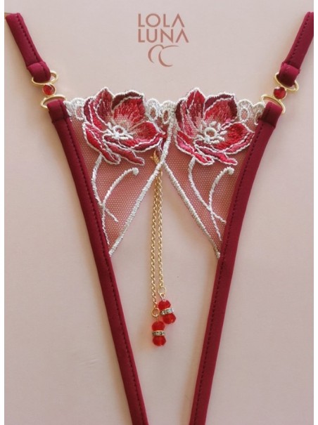 sexy perizoma gioiello rosso aperto all'inguine dal motivo floreale modello Romy