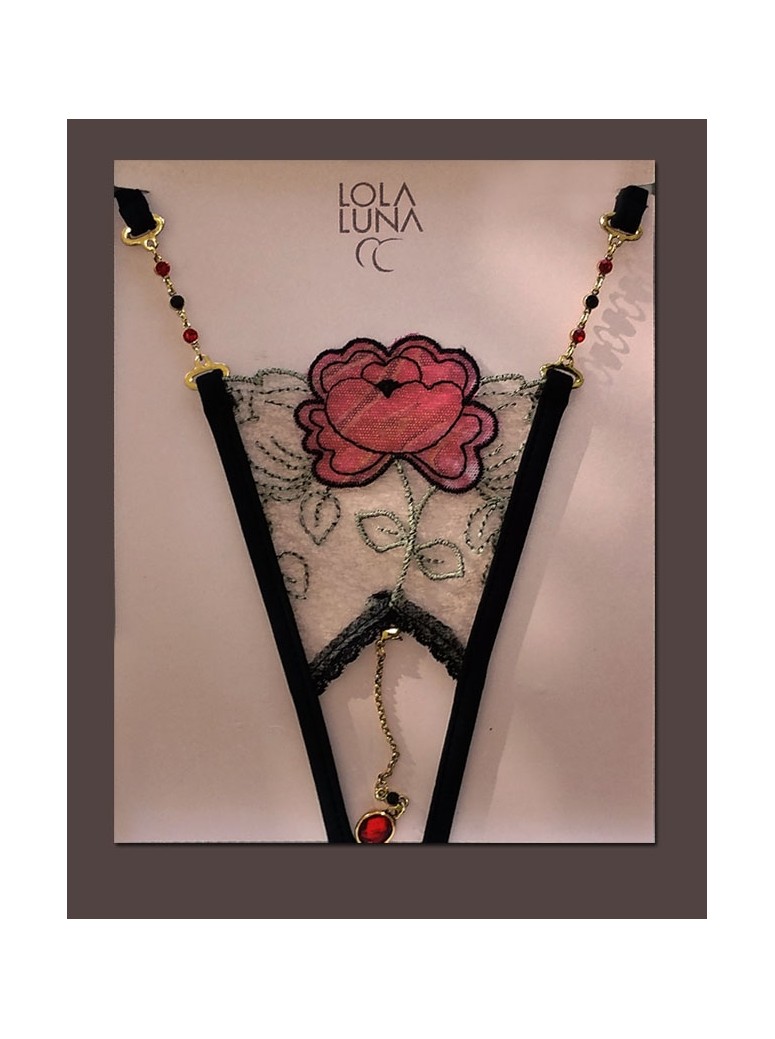 elegante perizoma gioiello aperto all'inguine in tulle con rosa ricamata modello Kali