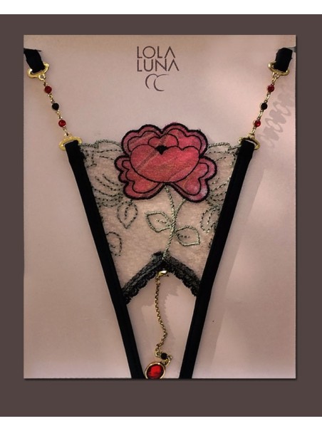 elegante perizoma gioiello aperto all'inguine in tulle con rosa ricamata modello Kali