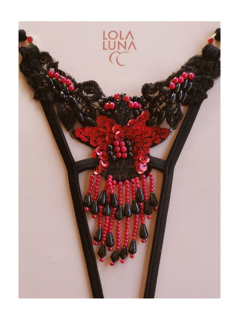 sexy perizoma aperto con paillettes e perline nere rosse modello Polina