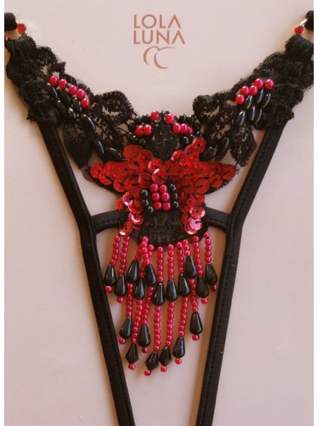 sexy perizoma aperto con paillettes e perline nere rosse modello Polina