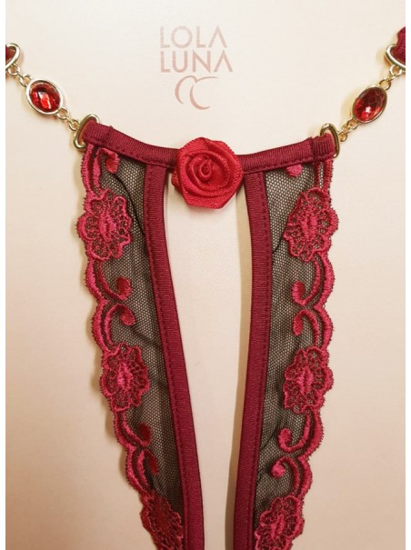 sexy perizoma gioiello aperto all'inguine con rose rosse modello Rosalia