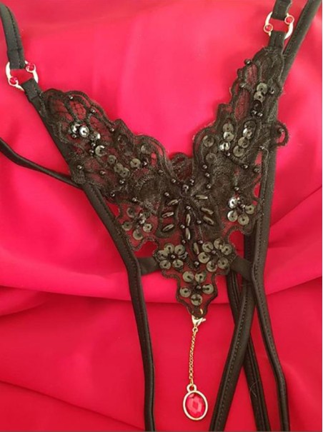 sexy perizoma gioiello in pizzo aperto all'inguine in due colori modello Carla