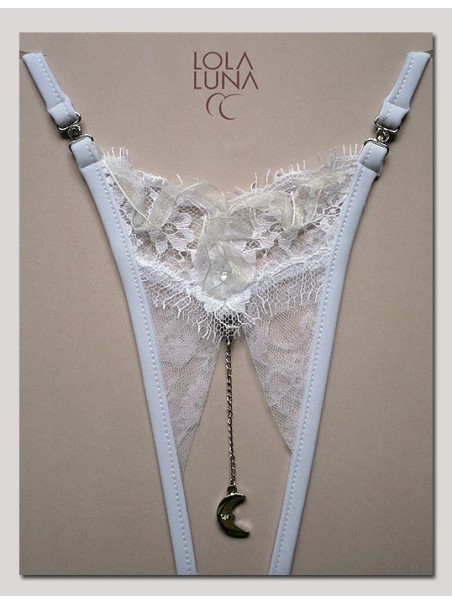sexy perizoma gioiello in tulle bianco ricamato aperto all'inguine modello Honeymoon