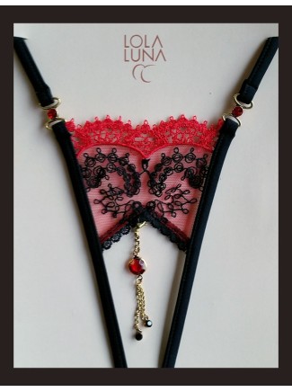 sexy perizoma gioiello aperto in tulle nero e rosso modello Victoria 2