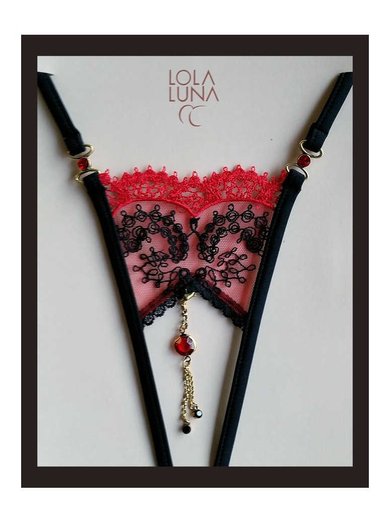 sexy perizoma gioiello aperto in tulle nero e rosso modello Victoria