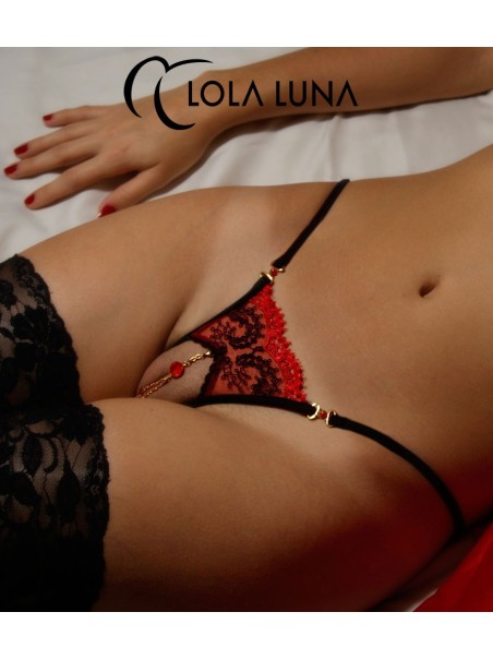 sexy perizoma gioiello aperto in tulle nero e rosso modello Victoria