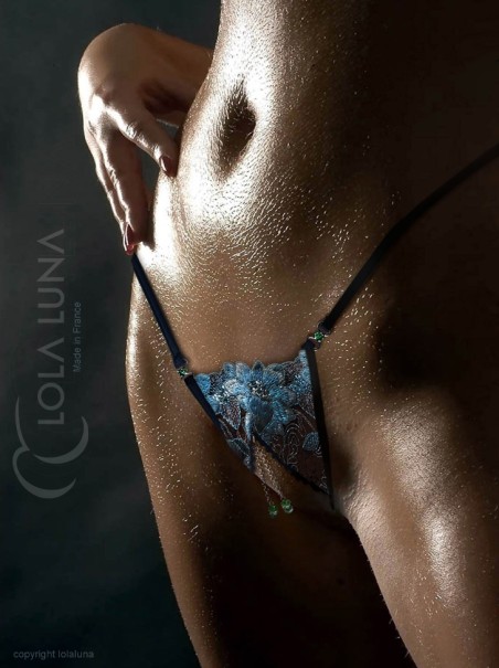 sexy perizoma gioiello aperto con ricami in pizzo azzurro modello Celestie