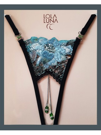 sexy perizoma gioiello aperto con ricami in pizzo azzurro modello Celestie 2