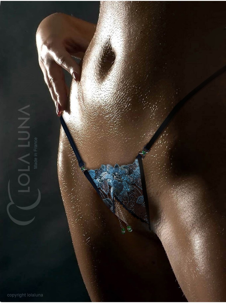 sexy perizoma gioiello aperto con ricami in pizzo azzurro modello Celestie