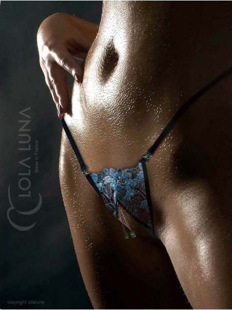 sexy perizoma gioiello aperto con ricami in pizzo azzurro modello Celestie