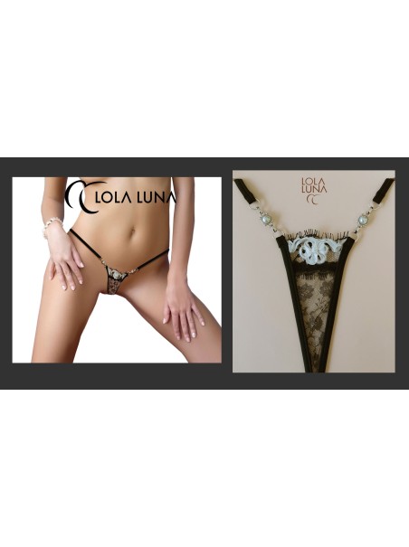 sexy micro perizoma gioiello in pizzo nero con ricami bianchi modello Belize