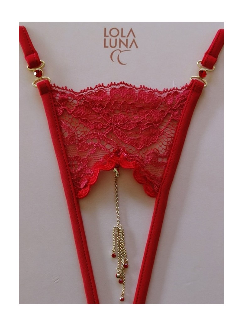 provocante perizoma aperto in pizzo rosso con gioielli e catenine dorate modello Carmen