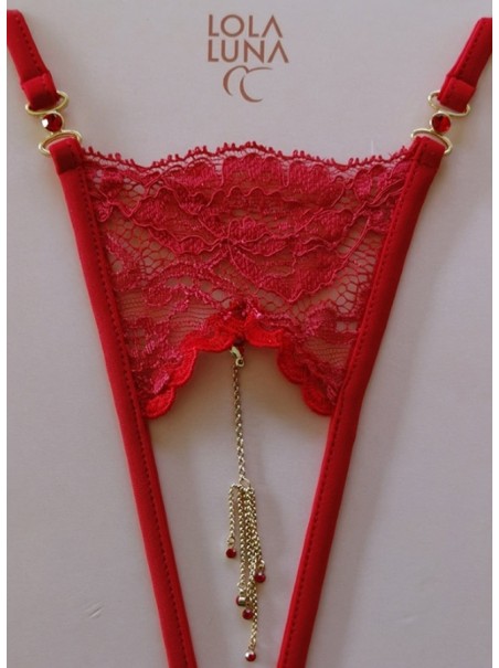 provocante perizoma aperto in pizzo rosso con gioielli e catenine dorate modello Carmen