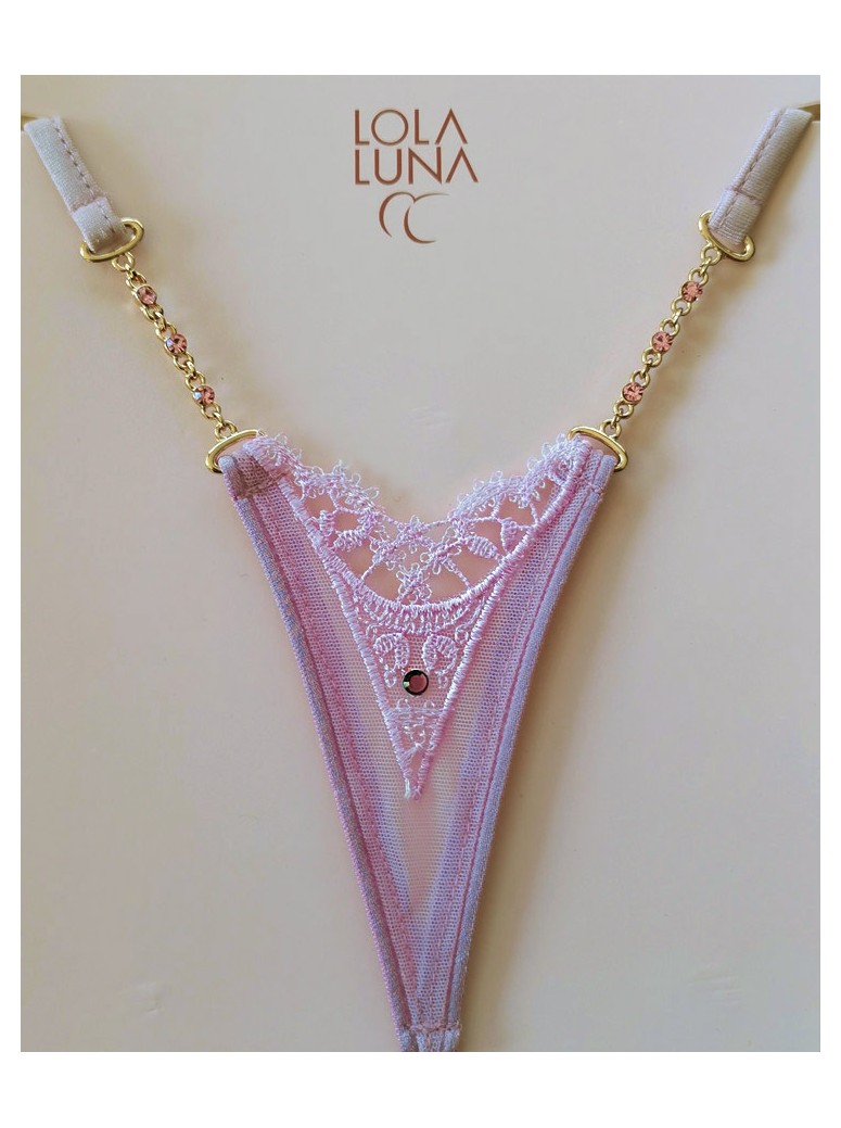 sexy micro perizoma in tulle e pizzo rosa con gioielli modello Sienna