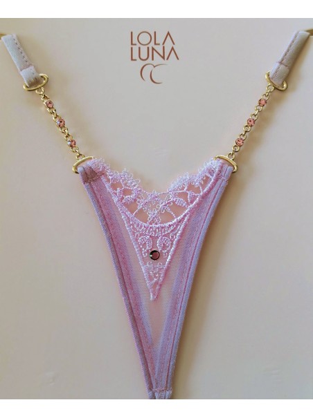 sexy micro perizoma in tulle e pizzo rosa con gioielli modello Sienna