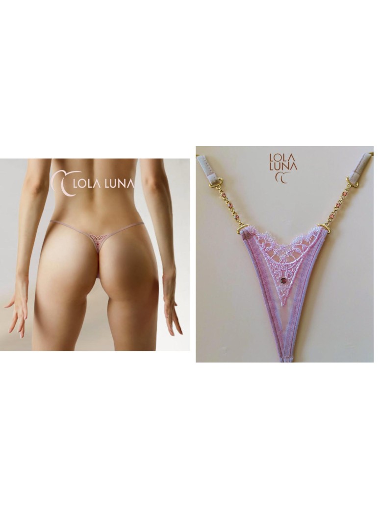 sexy micro perizoma in tulle e pizzo rosa con gioielli modello Sienna
