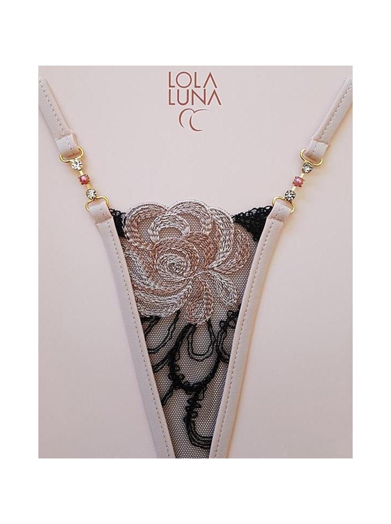 grazioso micro perizoma gioiello in tulle rosa e nero ricamato modello Valia