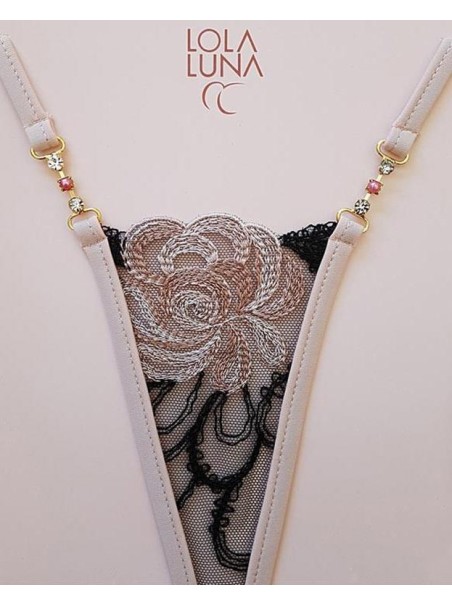 grazioso micro perizoma gioiello in tulle rosa e nero ricamato modello Valia