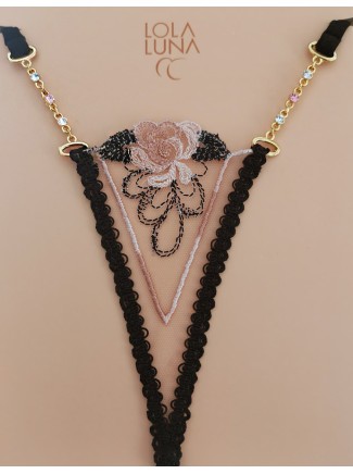essenziale micro perizoma in tulle nero e rosa con catenine dorate modello Vanille 2