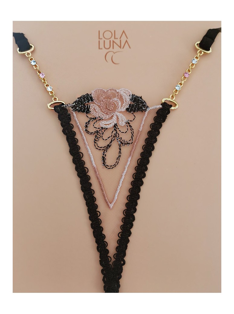 essenziale micro perizoma in tulle nero e rosa con catenine dorate modello Vanille