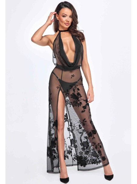 Noir Handmade abito lungo in tulle trasparente decorato Divinity
