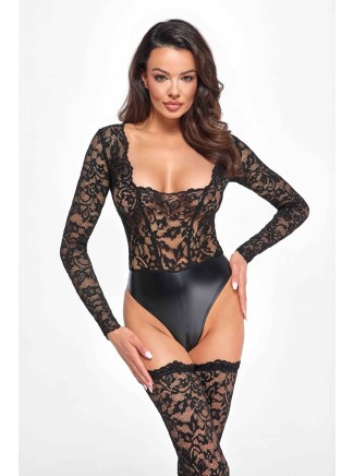 sexy body in tessuto wetlook e pizzo  Noir Handmade