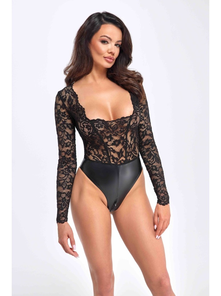 sexy body in tessuto wetlook e pizzo  Noir Handmade