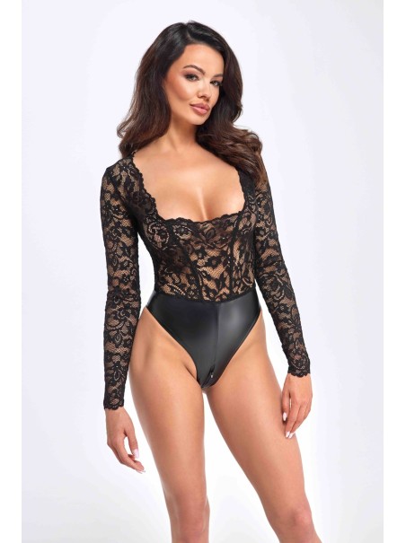 sexy body in tessuto wetlook e pizzo  Noir Handmade