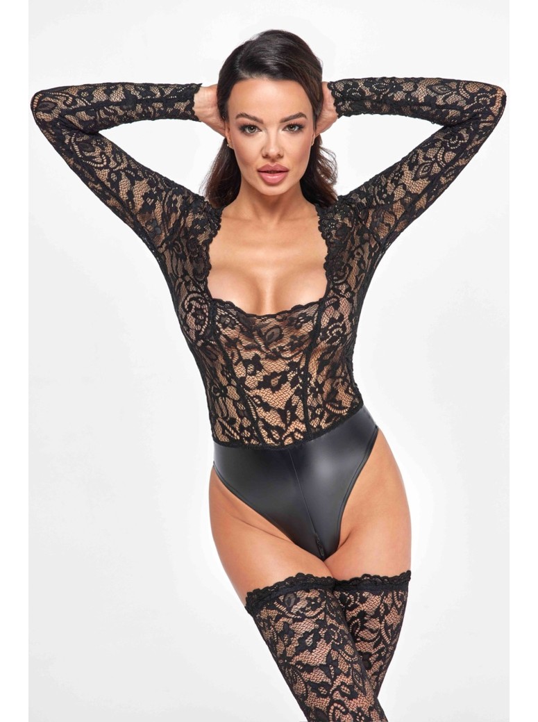 sexy body in tessuto wetlook e pizzo  Noir Handmade