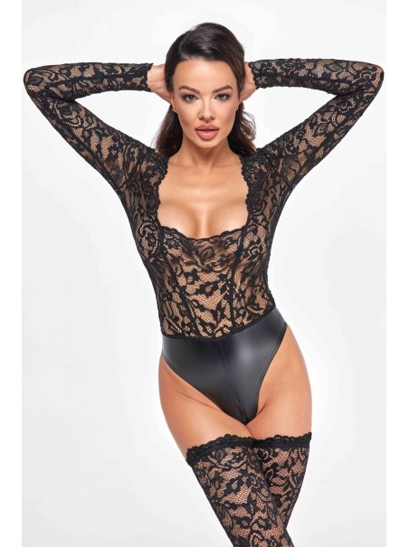 sexy body in tessuto wetlook e pizzo  Noir Handmade