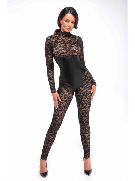 Noir Handmade tuta in pizzo con inserto in ecopelle