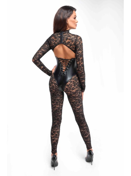 Noir Handmade tuta in pizzo con inserto in ecopelle