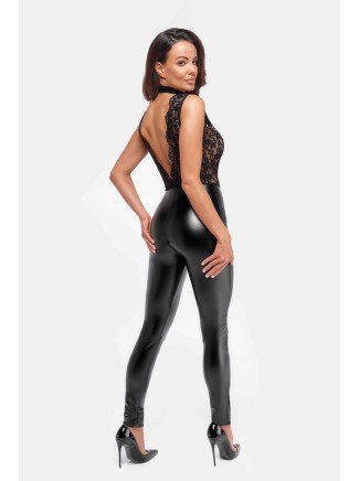 Noir Handmade tuta in tessuto wetlook e pizzo con perle 2