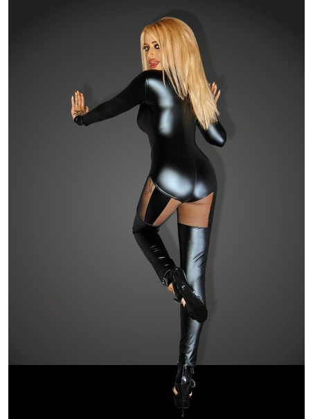 Noir Handmade tuta in tessuto wetlook e tulle trasparente