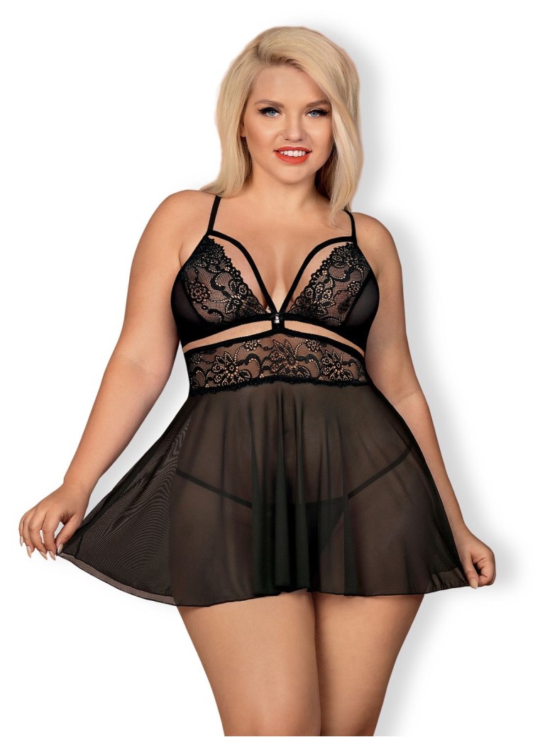 Obsessive Lingerie sexy babydoll in pizzo e tulle nero con perizoma 838