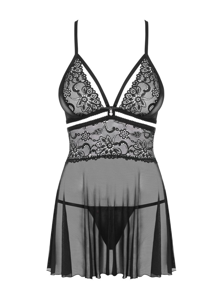 Obsessive Lingerie sexy babydoll in pizzo e tulle nero con perizoma 838