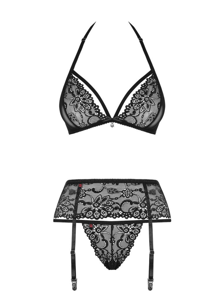Obsessive Lingerie completo intimo in pizzo nero con reggicalze 838