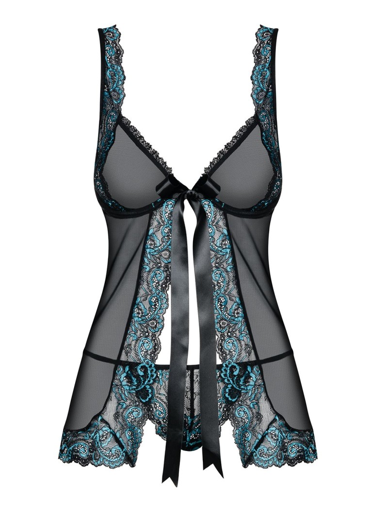 Obsessive babydoll con perizoma trasparente con pizzo turchese Amanta